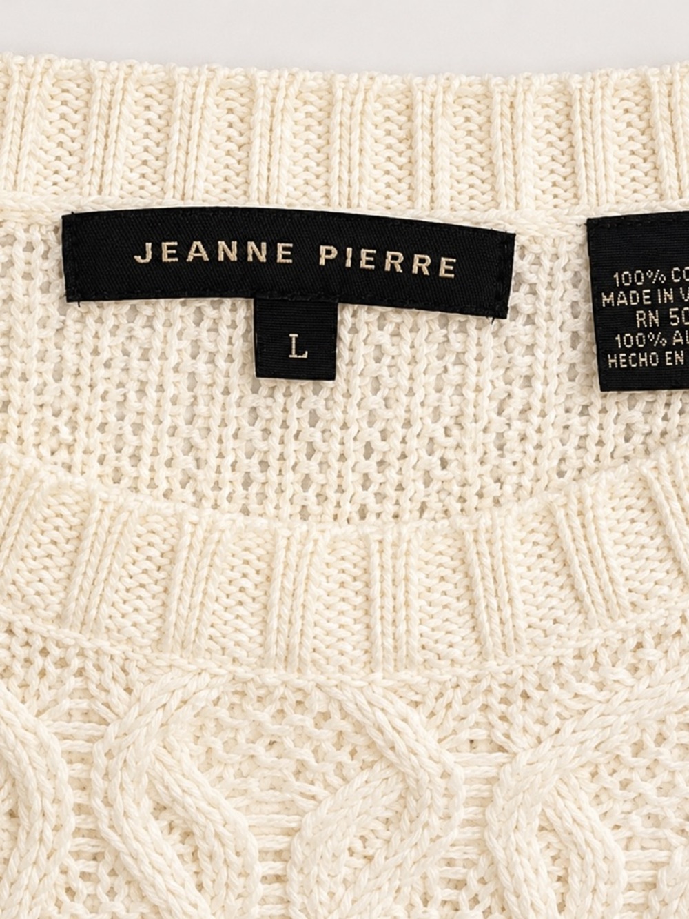 100% Cotton Jeanne Pierre Ivory Cable Knit Sweater Chunky Crewneck Size Large - Picture 4 of 5